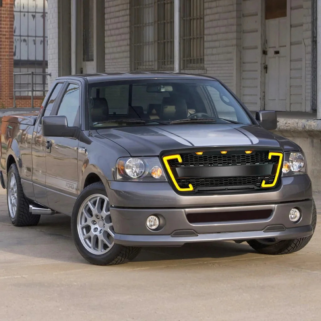 US Stock Raptor Style Mesh Grille W/DRL & Turn Signal Lights for 2004-2008 Ford F150 - Matte Black