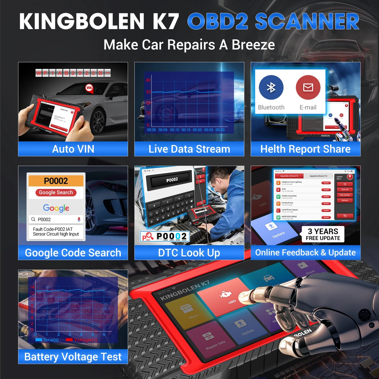 2025 Newest Elite Kingbolen K7 Escaner Automotriz All System Car Diagnostic Tool Key Programmer Scanner 38+ Resets PK D7