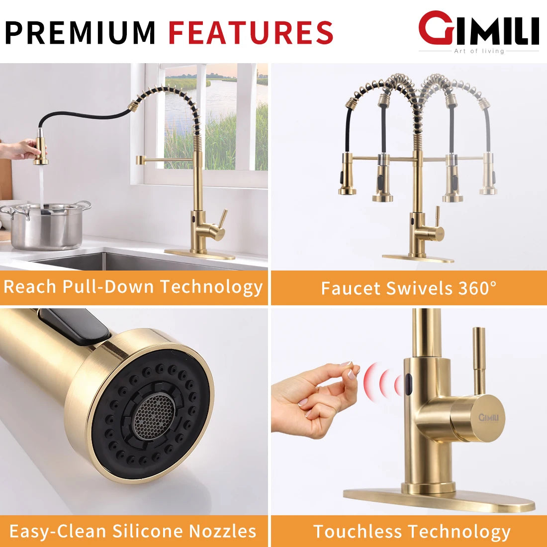 Luxury Single-Hole Kitchen Faucet Non-TOUCH Sensitive Gold Brass Ceramic Sink Faucet with Pull Sprayer Contemporary Design