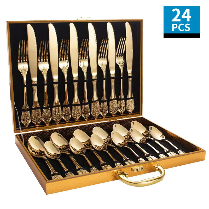 24pcs Gold 18/8 Luxury Tableware Stainless Steel Mirror Polish Luxury Cutlery Set