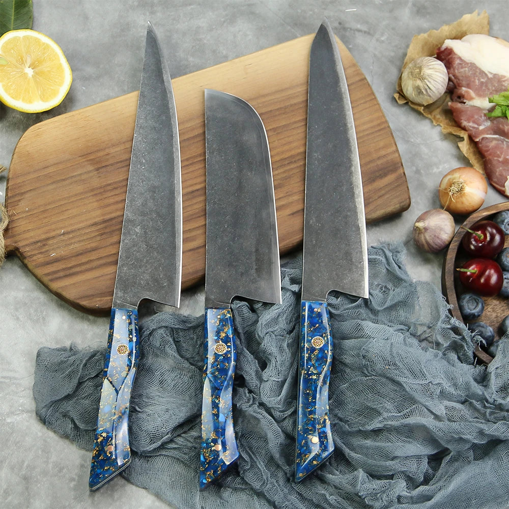 3 Pcs10Cr15MoV 7 Layer Steel Kitchen Knives Set Chef Knife with Full Tang with Resin Handle
