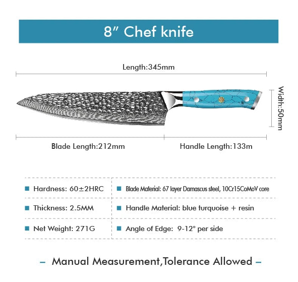 Amber Custom 8 Inch Hammered VG10 Damascus Steel Chef Knife with Blue Turquoise Stone Handle