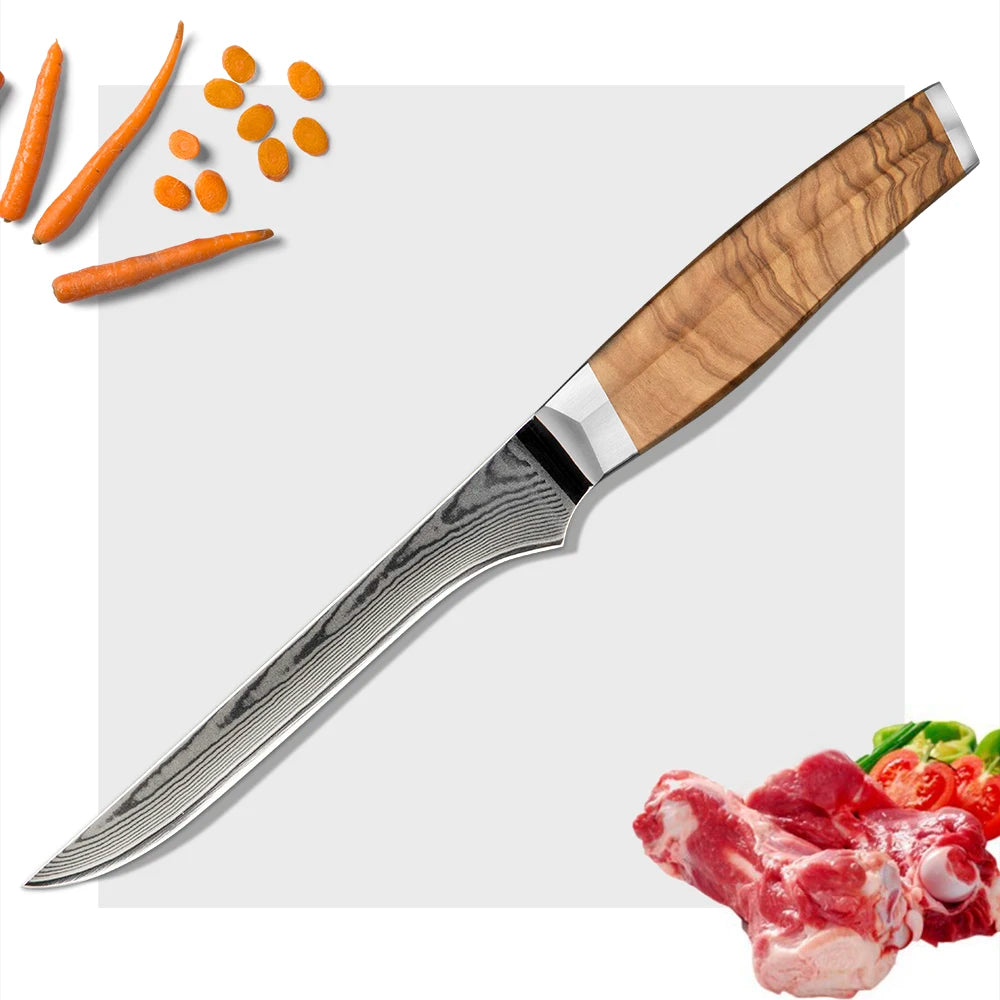 Amber Olive Wood Handle 6inch Professional Damascus Vg10 Kitchen Fish Knife Fillet Knife Boning Knife