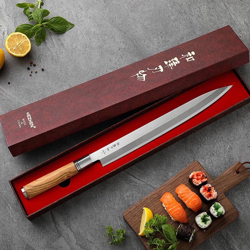 Coltello da sashimi Hezhen 300 con lama in acciaio inossidabile e fodero in legno