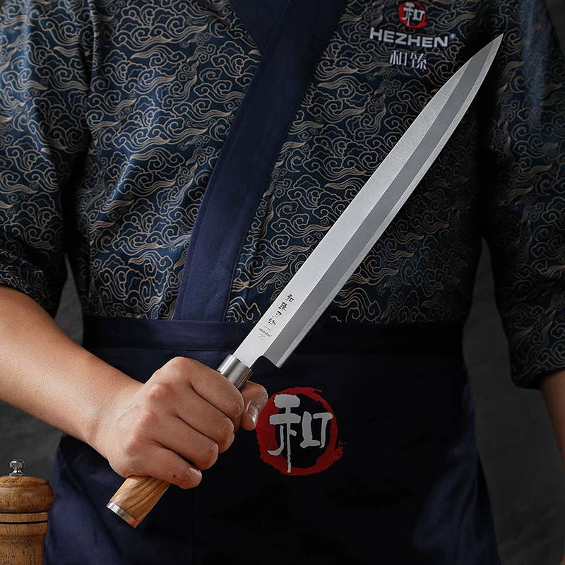 Coltello da sashimi Hezhen 300 con lama in acciaio inossidabile e fodero in legno