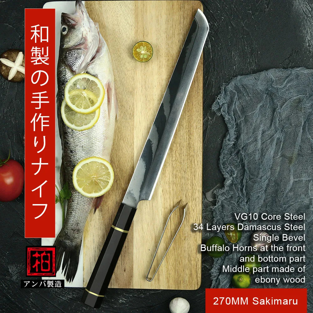 Super Quality Single Bevel VG10 Damascus Steel Fish Fillet Sashimi Sushi Knife with Buffalo Horn Wood Handle