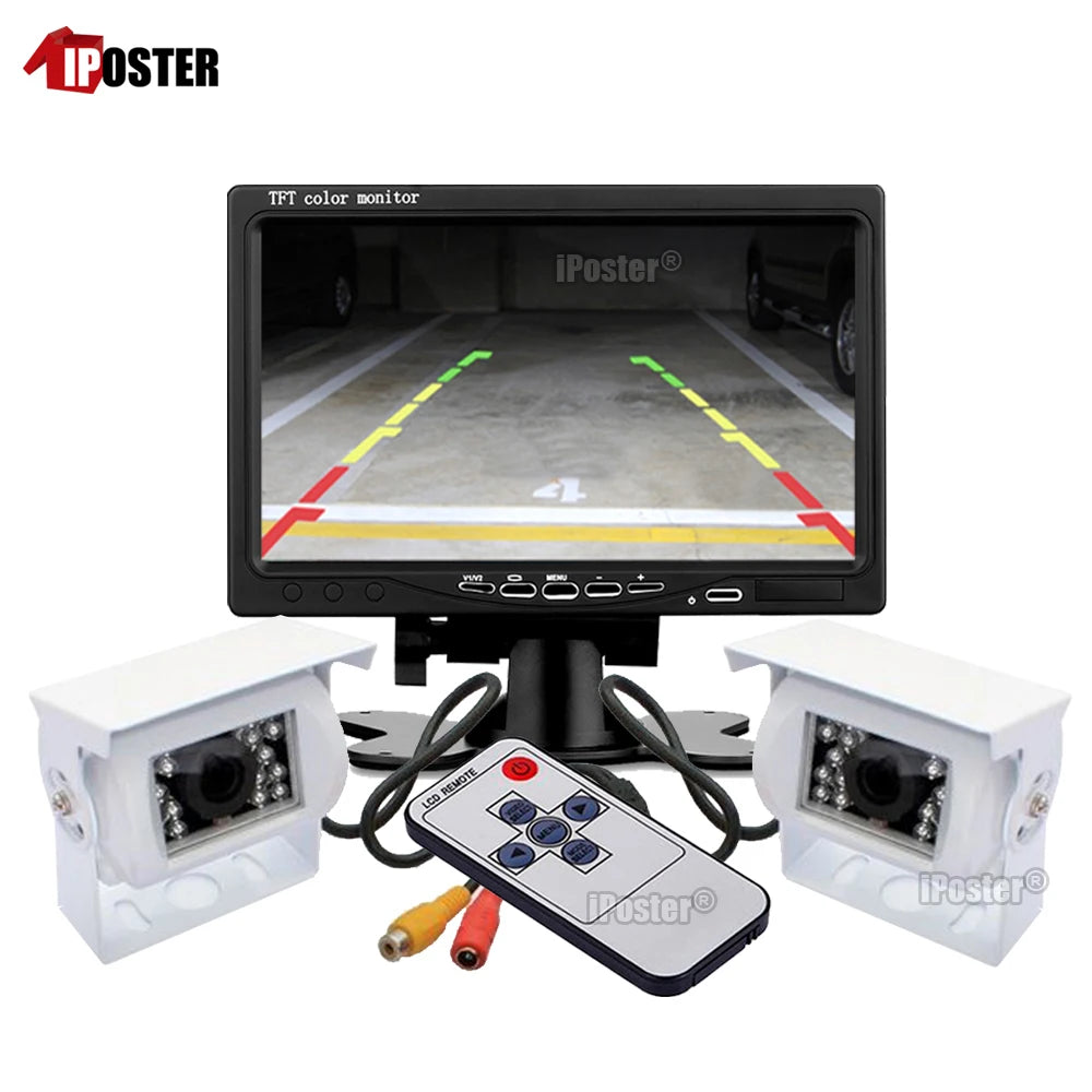 IPoster 7 Inch Stand Mount Car Reverse Monitor + 18 Infrared LED Car Backup Camera *2
