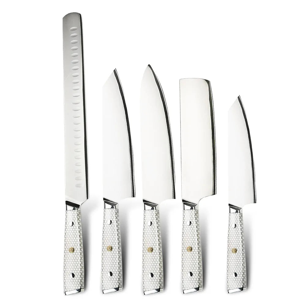 7 Layer Steel Damascus 10Cr15MoV Kitchen Knife Set with White Honey Comb Resin Full Tang