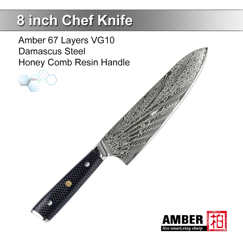 YANGJANG AMBER Premium Honey Comb Resin Handle Damascus Steel Vg10 Japanese Knife/knife Set