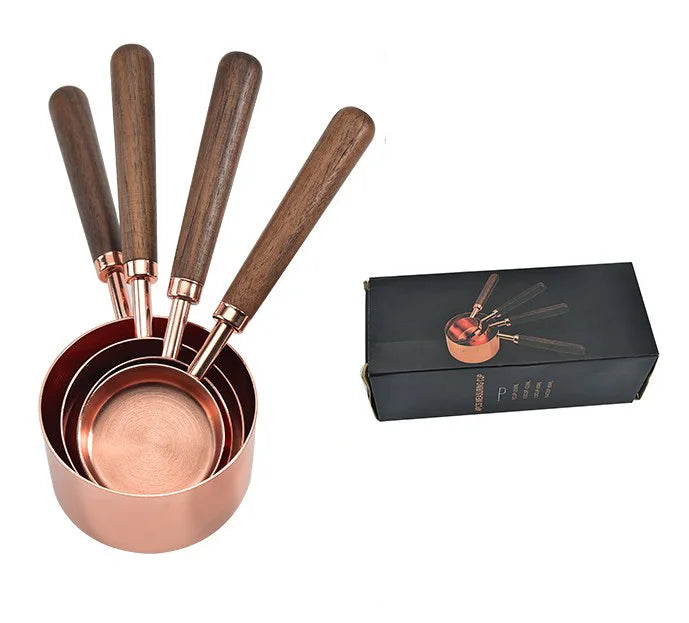 Kitchen Measuring Tools Cutlery Set Rose Gold Wooden Handle Stainless Steel Measuring Cups and Spoons Set