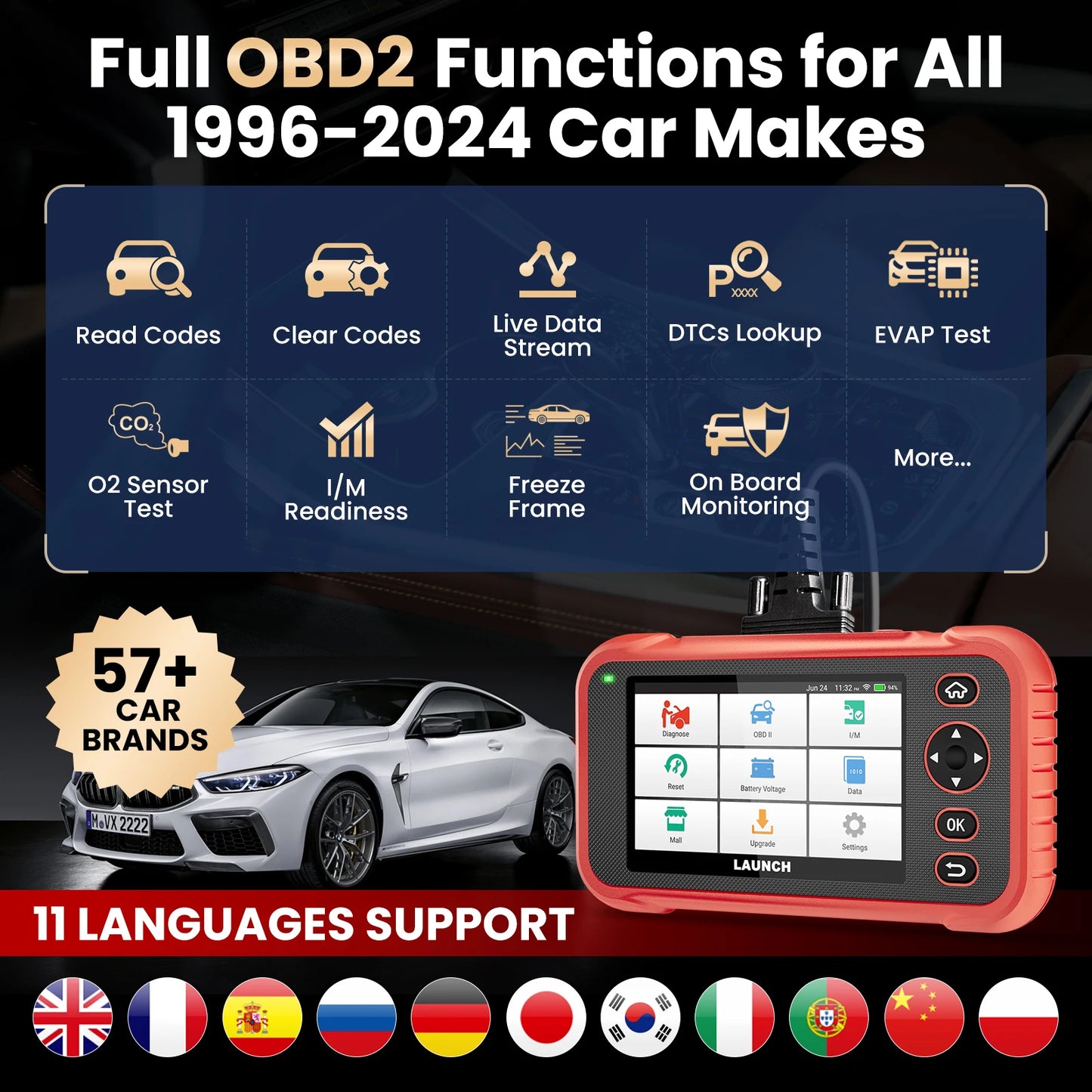 CRP123i V2.0 Vehicle Code Reader OBD2 Scanner for ABS/SRS/TCM/Engine Diagnostics EU/USA Warehouse Car Diagnostic Tool