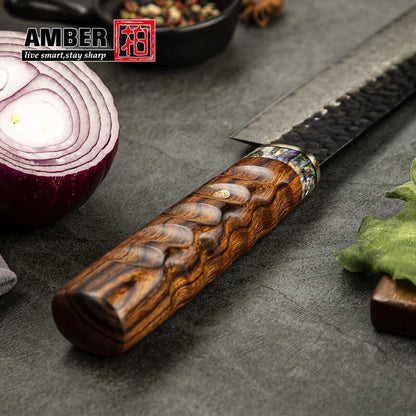 Amber Handcrafted 89 Layers Damascus Forged Blade Japanese Nakiri Knife Brass USA Desert Ironwood Handle