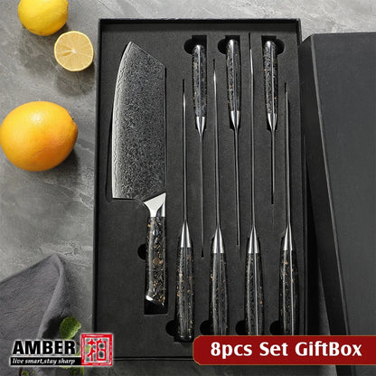 Amber VG10 Damascus Butcher Cleaver Meat Carving Bread Boning Fruit Sharpener Santoku Chef Knife with Magnetic Knife Holder