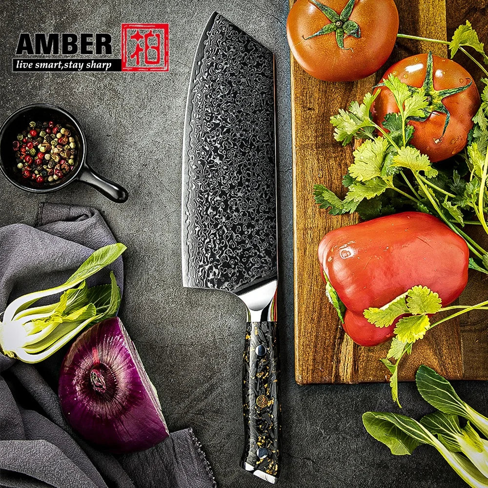 Amber VG10 Damascus Butcher Cleaver Meat Carving Bread Boning Fruit Sharpener Santoku Chef Knife with Magnetic Knife Holder