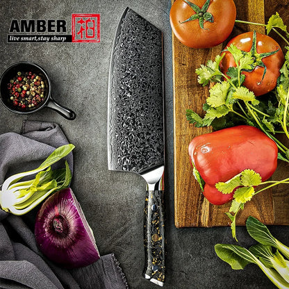Amber VG10 Damascus Butcher Cleaver Meat Carving Bread Boning Fruit Sharpener Santoku Chef Knife with Magnetic Knife Holder