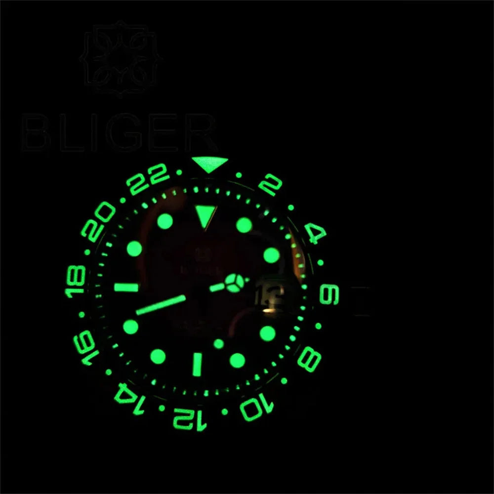 BLIGER 40mm Dive Watch for Men Black Purple Bezel Green Luminous Sapphire Glass Black Chapter Glow Black Purple Dial Waterproof