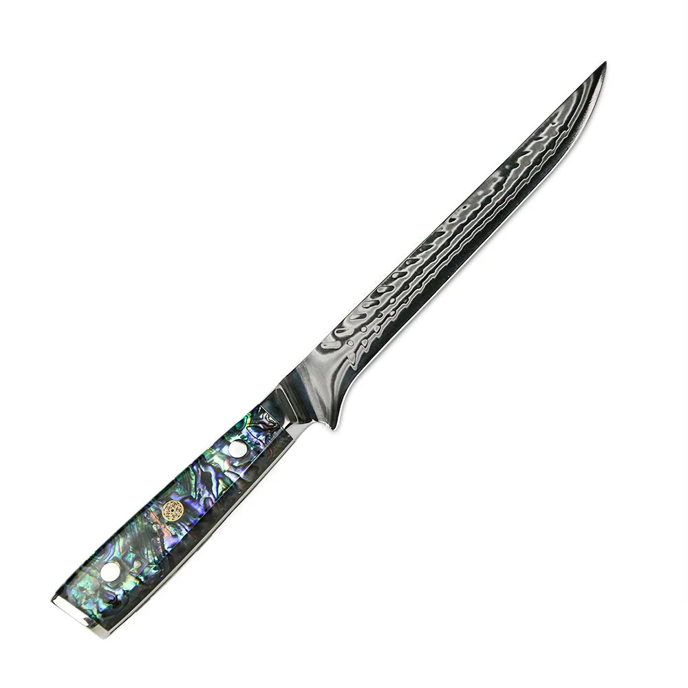 Yangjiang Amber 7 Inch Damascus 45 Layers ultra sharp Boning Fish Knife with Abalone Handle