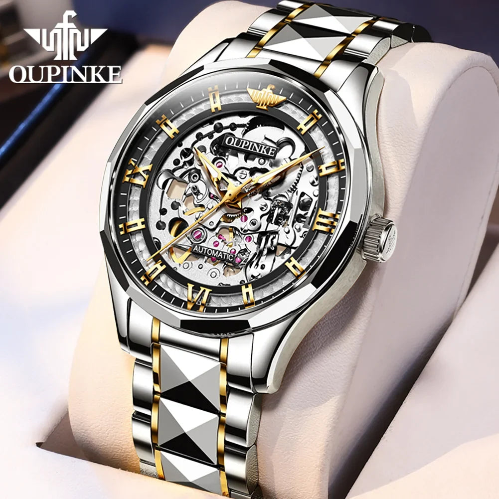 OUPINKE 3209 New Arrival Design High Quality Luxury Fashion Classic OEM Stainless Steel Mens Mechanical Skeleton Wrist Watches, Color - Black