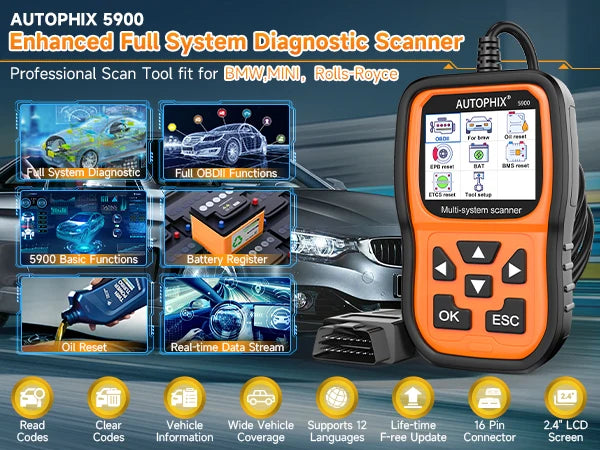Autophix 2025 5900 BMW MINI OBD2 Diagnostic Scanner Code Reader TPMS CBS ABS SAS EPB Oil Reset All System Reset for BMW MINI
