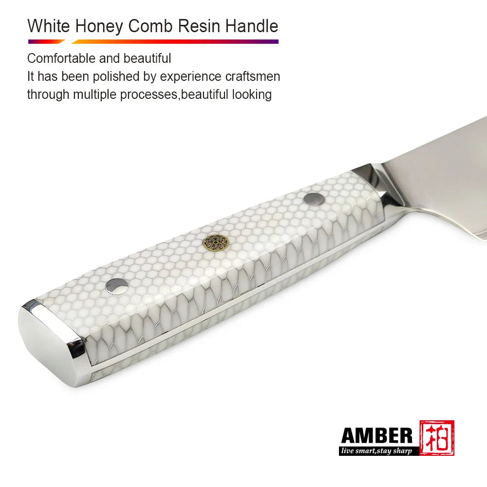 7 Layer Steel Damascus 10Cr15MoV Kitchen Knife Set with White Honey Comb Resin Full Tang