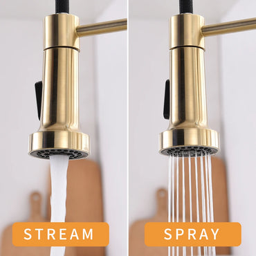 Luxury Single-Hole Kitchen Faucet Non-TOUCH Sensitive Gold Brass Ceramic Sink Faucet with Pull Sprayer Contemporary Design