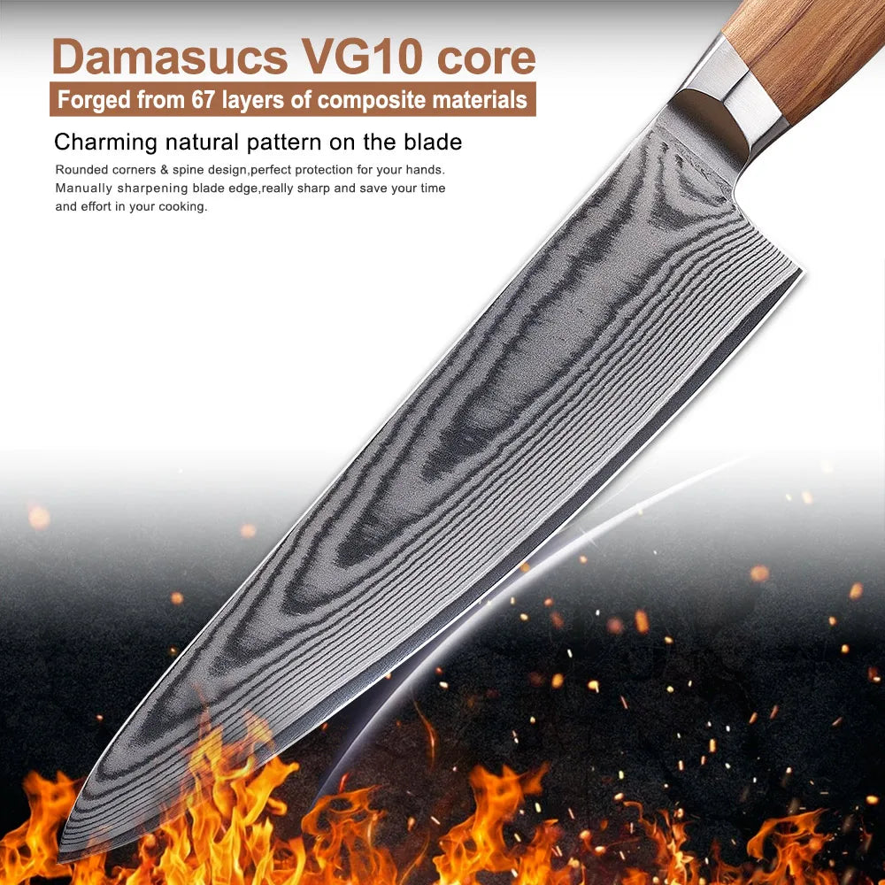 High Quality 67layers Vg10 Damascus Knife Set Olive Wood Handle Kitchen Knife Set with Magnetic Stand