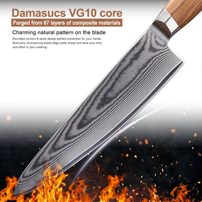 High Quality 67layers Vg10 Damascus Knife Set Olive Wood Handle Kitchen Knife Set with Magnetic Stand
