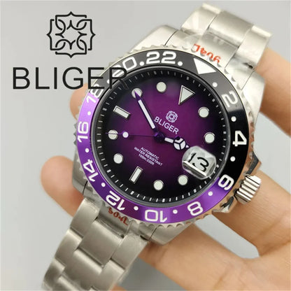 BLIGER 40mm Dive Watch for Men Black Purple Bezel Green Luminous Sapphire Glass Black Chapter Glow Black Purple Dial Waterproof