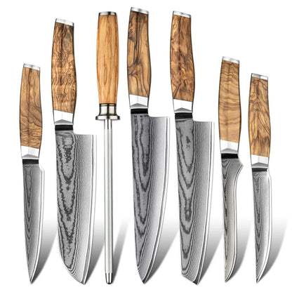 Amber Olive Wood Handle 6inch Professional Kitchen Knife Set Damascus Knife Set Steak Knife Set with Box
