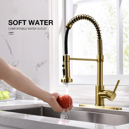 Single-Handle Contemporary Commercial Kitchen Tap Fast Delivery Brass Faucet Gold Metal Finish Ceramic Sink Faucet Spray Pull 1
