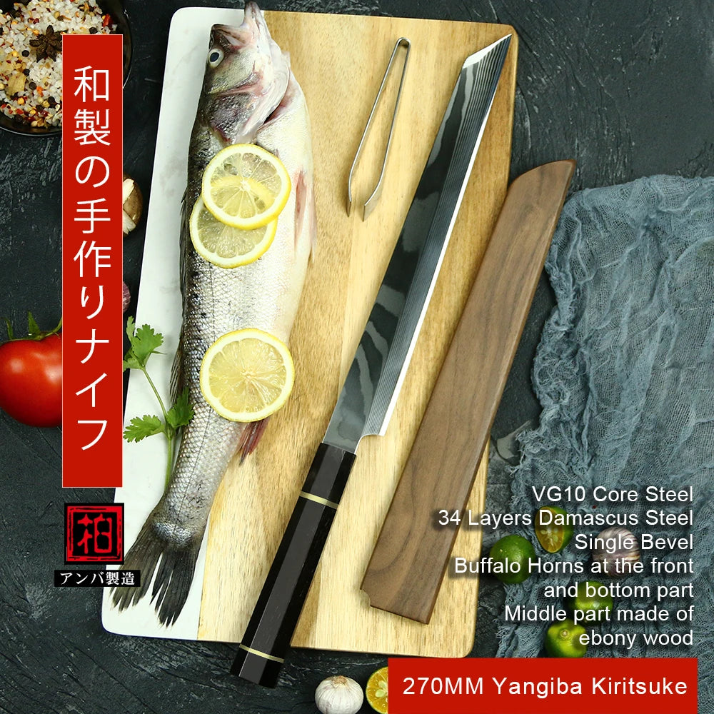 Masterpiece 34layers Single Bevel 10Cr15CoMoV Damascus Steel Kitchen Honyaki Sushi Filleting Sashimi Salmon Japanese Knife
