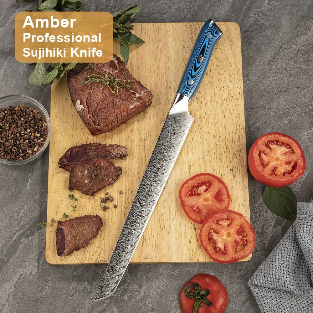 Amber Blue Pakkawood Handle Fillet Fish Japanese Sashimi Knife Yanagiba Knife Sushi Knife