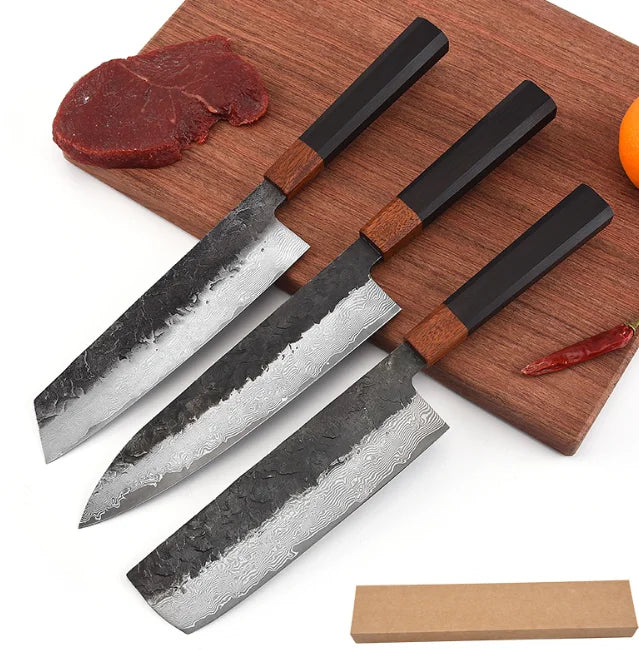Hot Sale 3 pcs kitchen knife set Damascus AUS 10 Steel Core 67 layers knives with Premium resin burl Wood