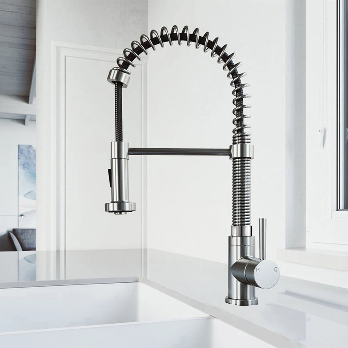 Deck Mounted 360 Degree Mixers Kitchen Rotate Brushed Nickle Brass Pull Down Kitchen Faucet