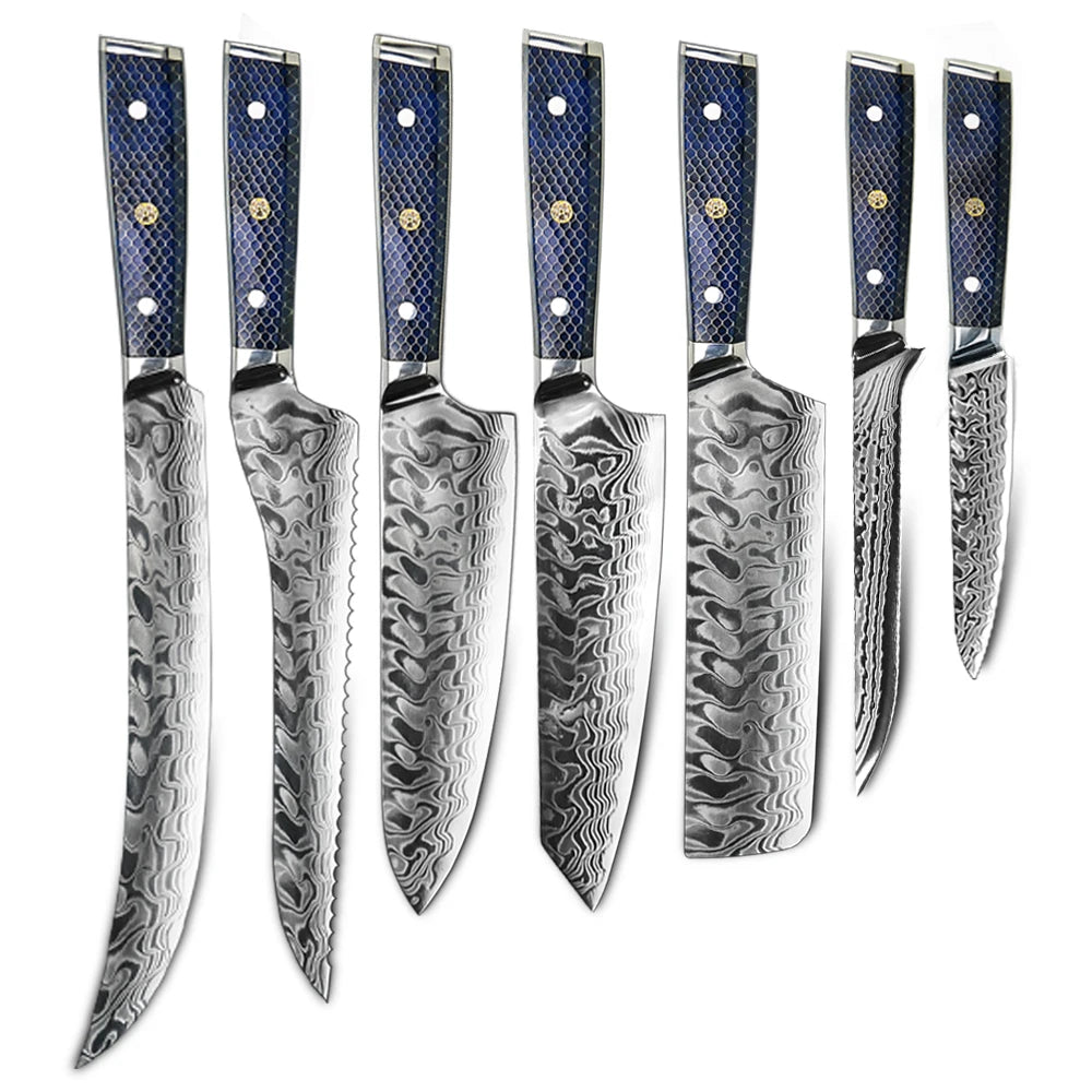 7 Pcs AUS 10 Steel Core 45 Layers Damascus Knife Set with Honey Comb Resin Handle
