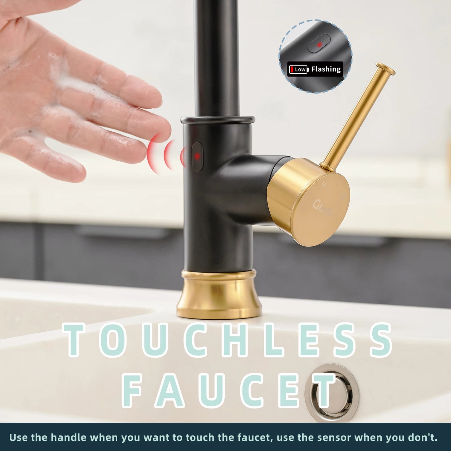 For FLG Gold Black Kitchen Faucet Smart Automatic Touchless Brass Tap Single Handle Pull-out Kitchen Sink Faucets Sensor Technol