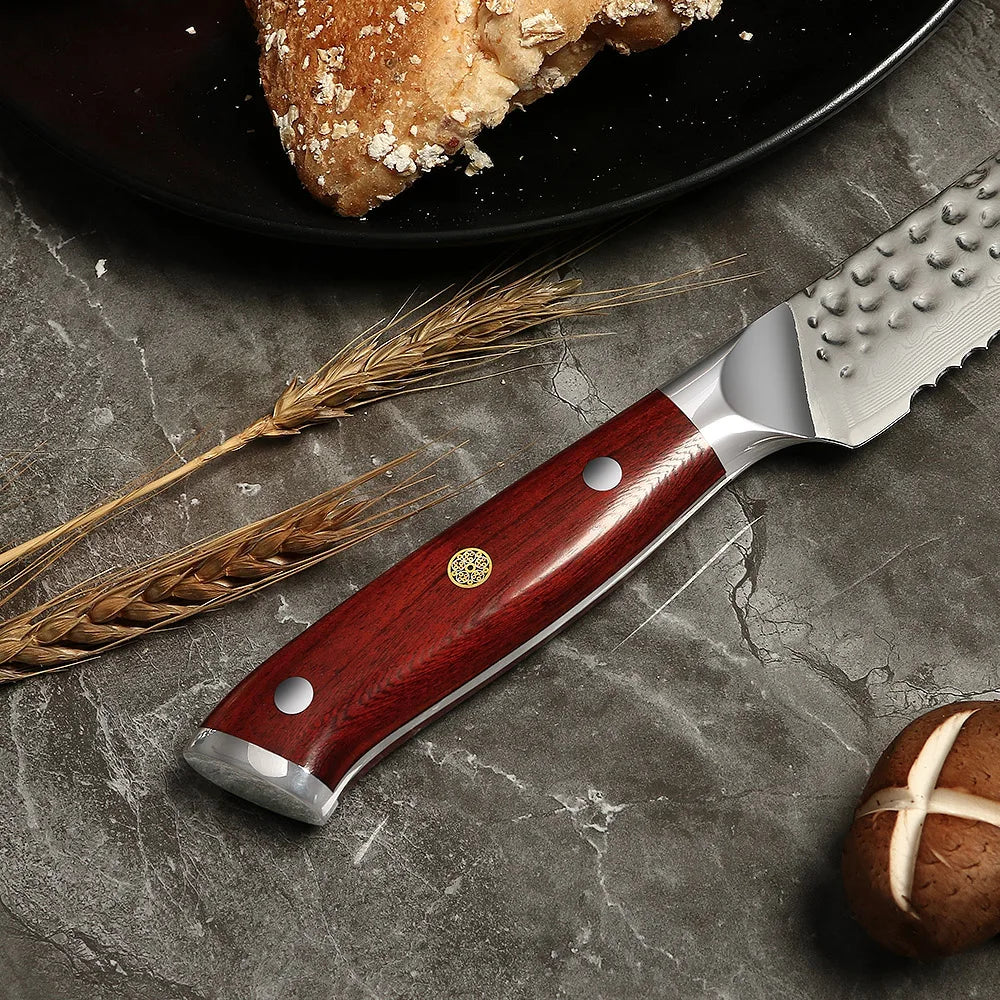Amber Hammered Damascus Knife Bread Cake Knife Kitchen Knife
