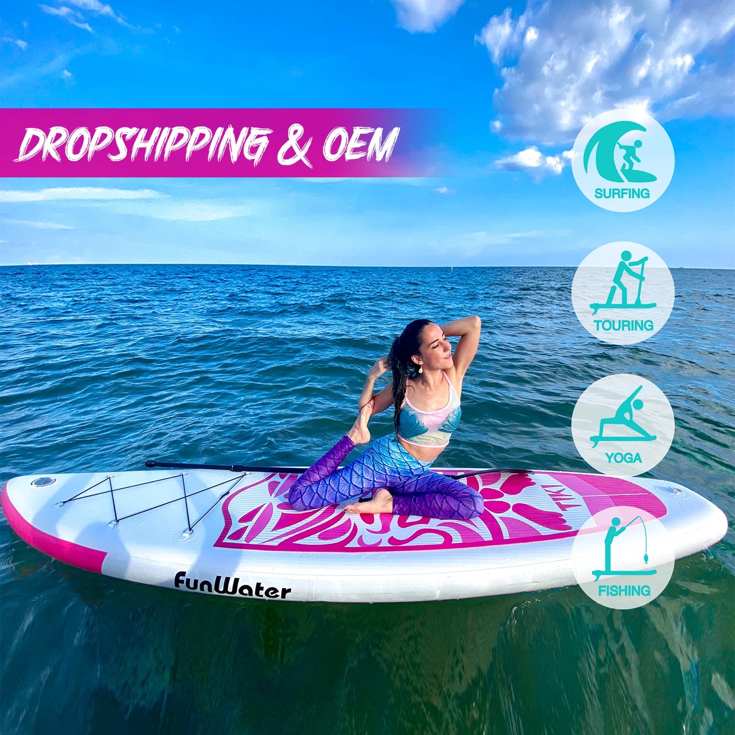 FUNWATER Dropshipping OEM 10'6" Inflatable pink Padleboard Surfboard Inflatable Paddle Board Wakeboard Inflatable SUP Boards