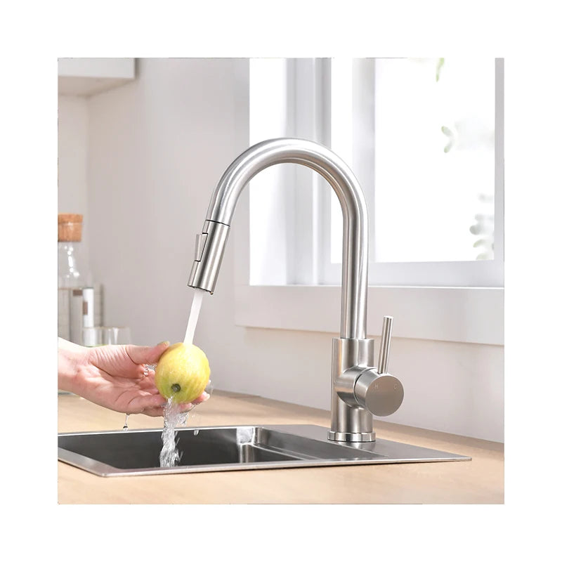 Modern Single-Handle 304 Stainless Steel Pull-Out Faucet Rotatable Design for Hotel Kitchen Use