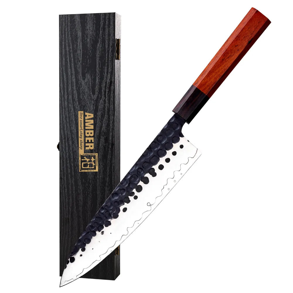 Amber Black Hammered Blade High-end Japanese Knife Aus10 High Carbon Steel Hand Forged Chef Knife with Wood Handle