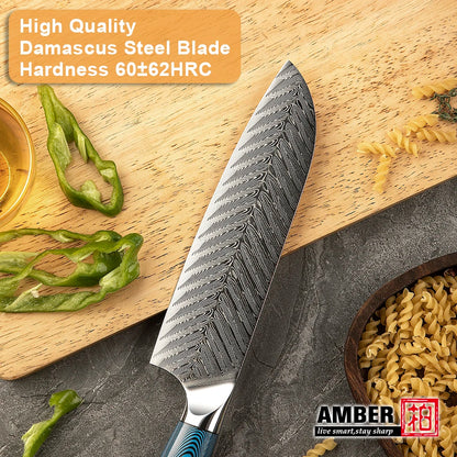 Amber Blue Pakkawood Handle Professional Japanese Damascus Chef Knife Santoku Knife
