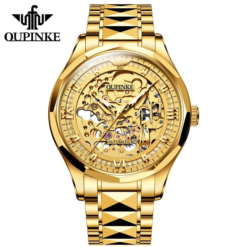 OUPINKE 3209 New Arrival Design High Quality Luxury Fashion Classic OEM Stainless Steel Mens Mechanical Skeleton Wrist Watches, Color - Gold