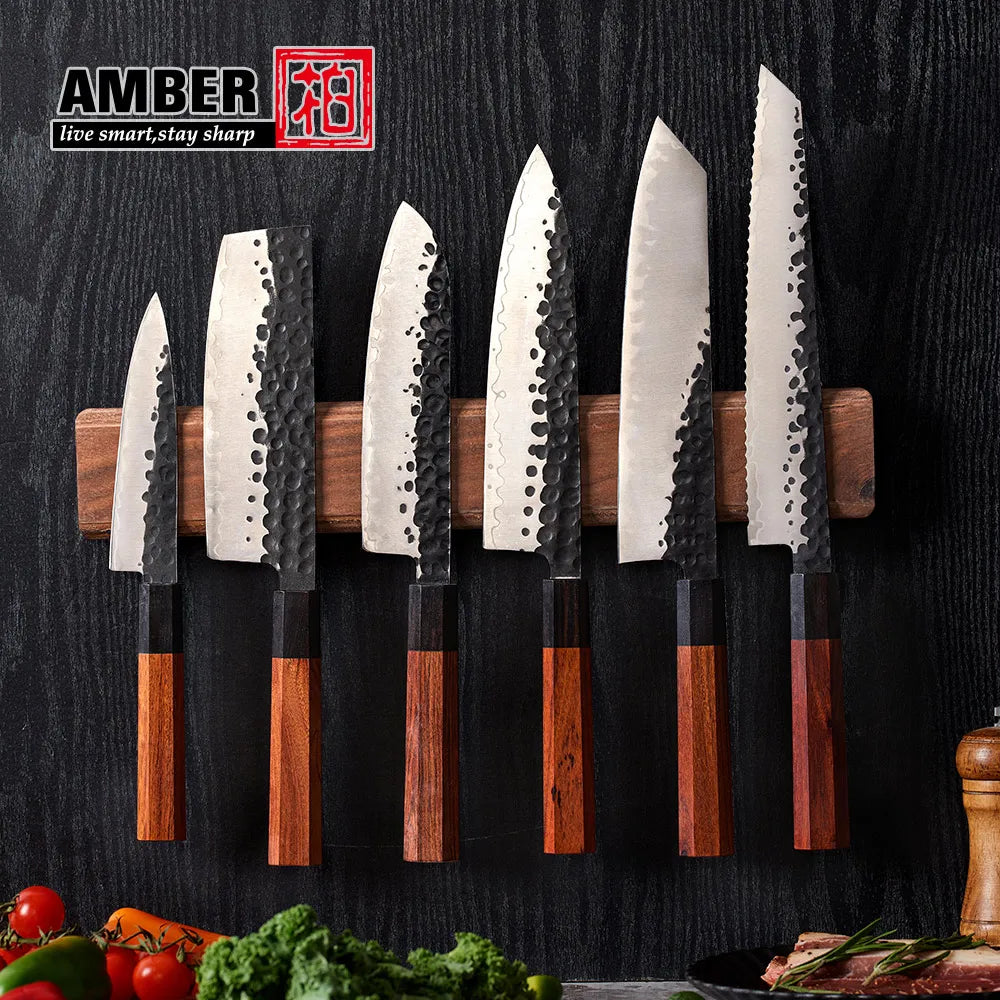 Custom logo 8 Pcs Black Blade Wooden Handle Meat Fruit Carving Chef Knife Set High Carbon Stainless Steel Knife Set for Kitchen