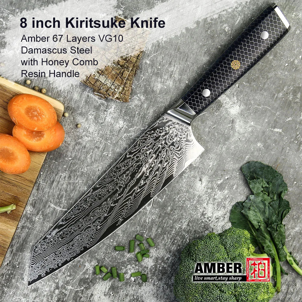 YANGJANG AMBER Premium Honey Comb Resin Handle Damascus Steel Vg10 Japanese Knife Sets, kitchen knife size - 8 Inch