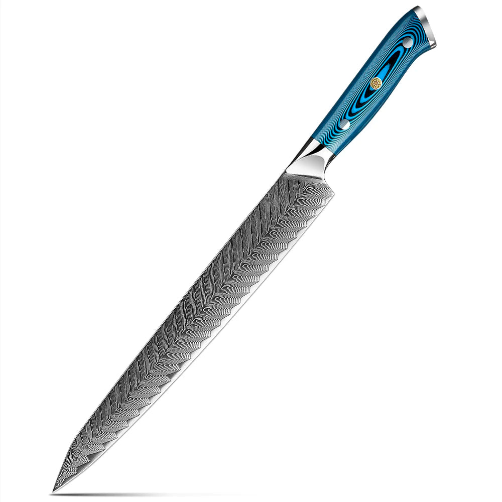 Yangjiang Amber Damascus Kitchen Knife Set with Blue Pakka Belle Wood Handle High Quality Knife Set