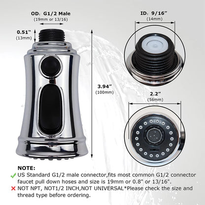 USA Stock Polished Chrome Pull Out Spray Head 3 Modes for Kitchen Sink Faucet Replacement Part Kitchen Tap Spout