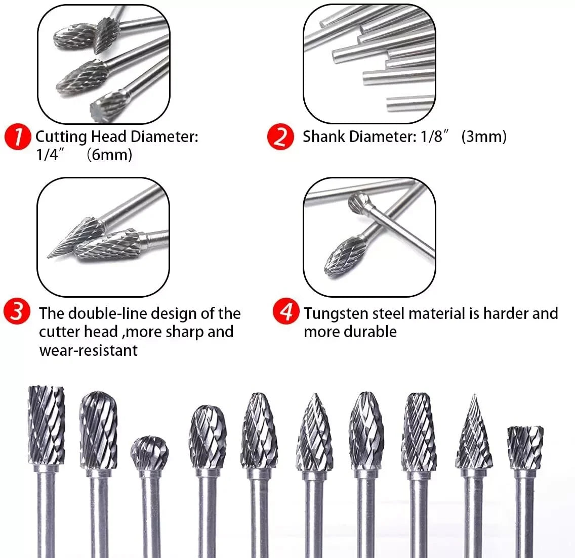 24h-USA Warehouse Shipping Tungsten Carbide Rotary Burr Bit Set 1/8" Cutting Carving Burrs for Dremel Tool