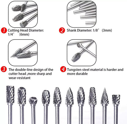24h-USA Warehouse Shipping Tungsten Carbide Rotary Burr Bit Set 1/8" Cutting Carving Burrs for Dremel Tool
