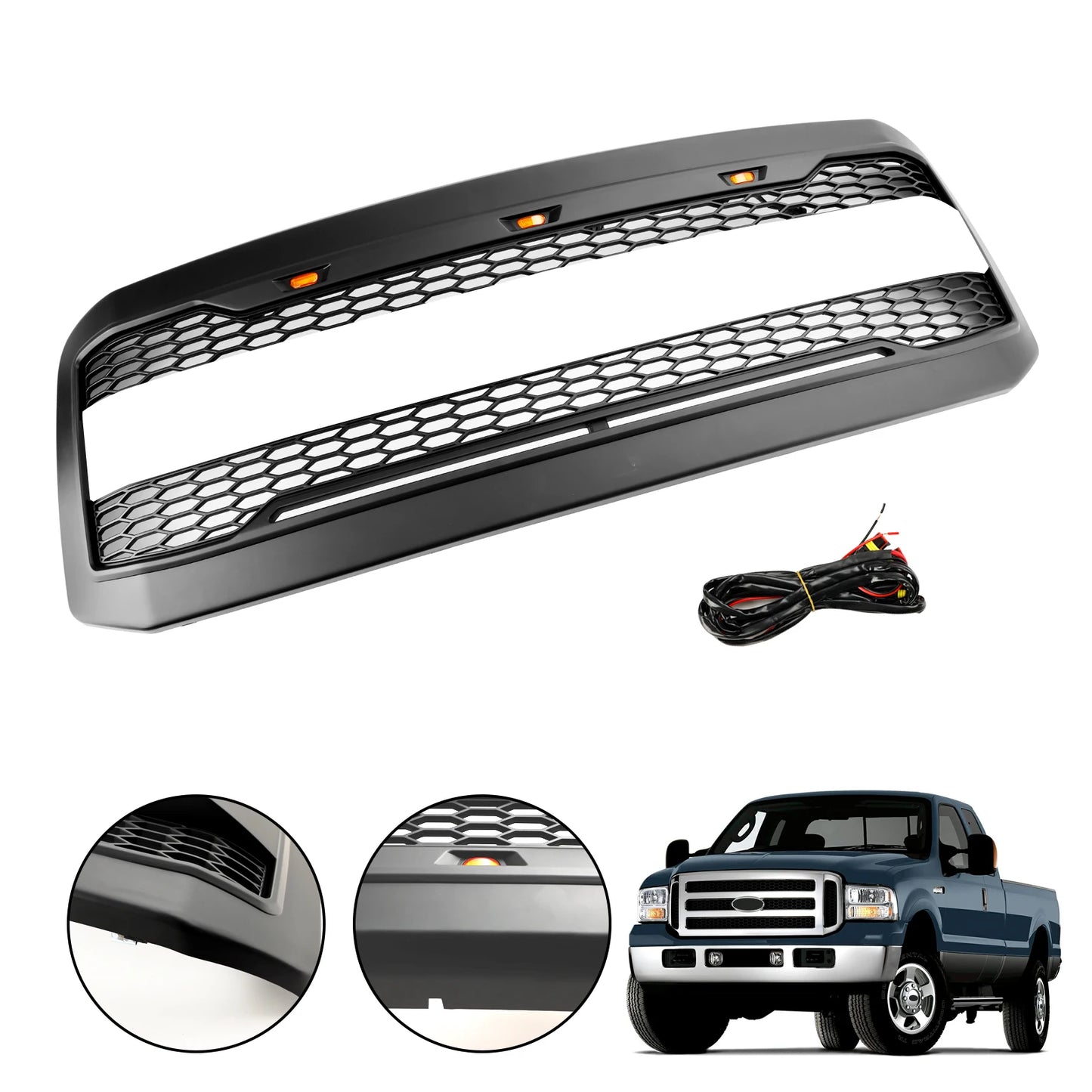 Front Bumper Grill Grille W/ LED for Ford F250 F350 2005 2006 2007 Super Duty With Letter