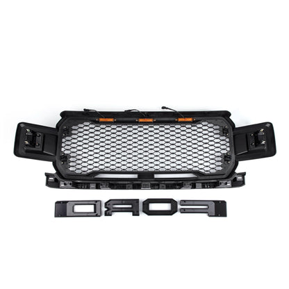 Raptor Style Black Amber LED Light Grill Grille Honeycomb for Ford F150 F-150 2018 2019 2020 With Logo